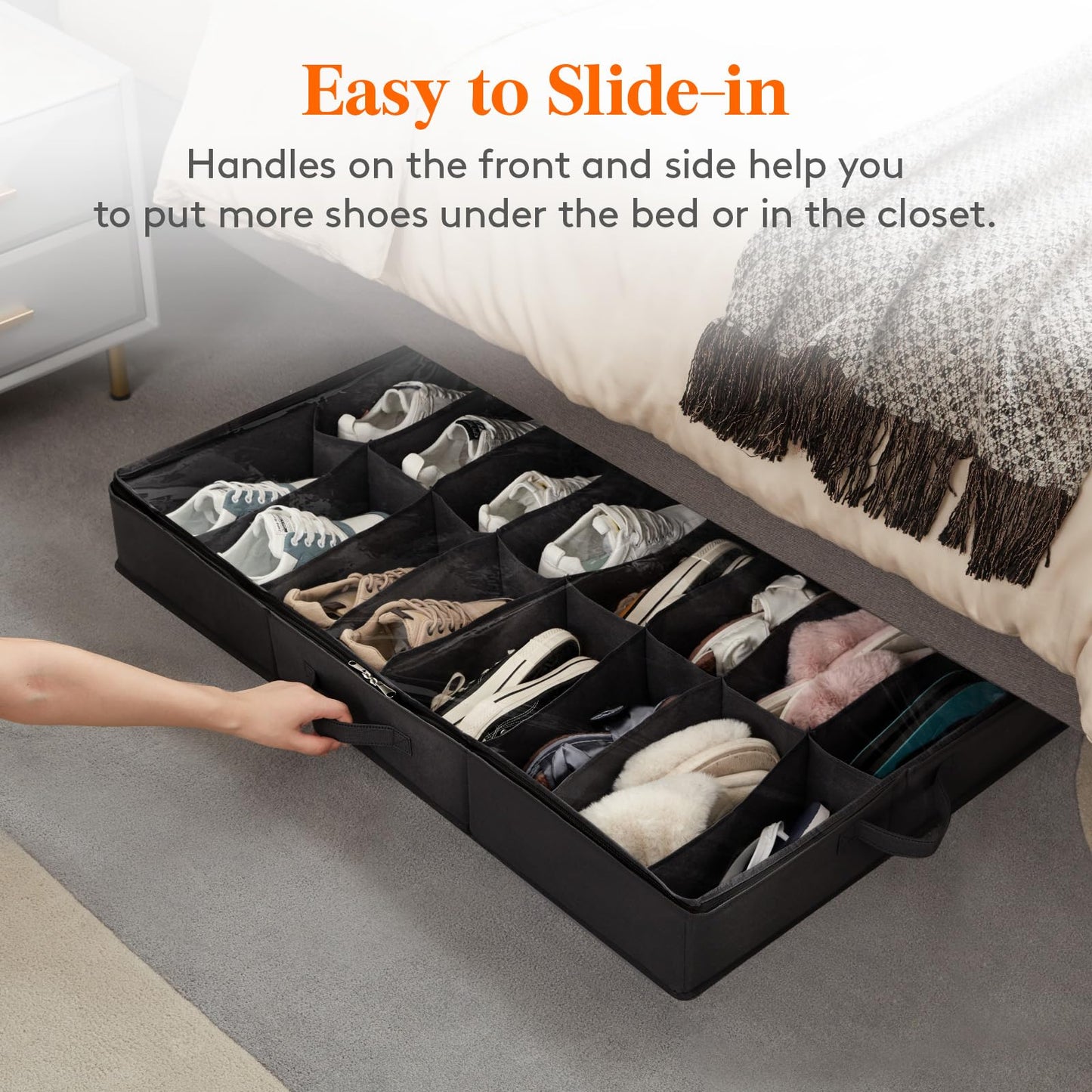 Lifewit Under Bed Shoe Storage Organizer 2 Pack(16 Shoes Cells), 4.3 Inches Profile Fabric Shoes Container Box with Clear Cover, Foldable Storage Bag with 2 Handles, Fits 16 to 32 Pairs