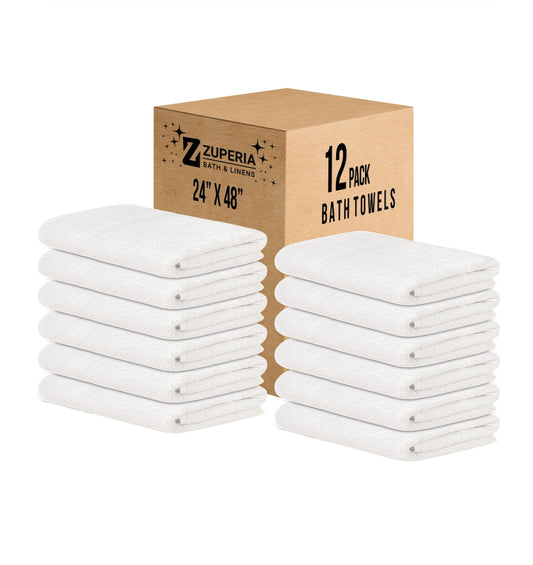 ZUPERIA White Bath Towels Bulk 12 Pack (24 x 48 Inches) - 100% Cotton Economy Light Weight Towels for Commercial Use - Quick Dry, Ultra-Soft, and Absorbent Bulk Towels