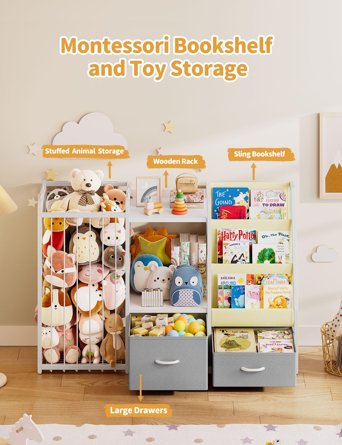 Kids Bookshelf and Toy Storage, Large 3 Tier Book Shelf for Kids Rooms, Sling Baby Bookcase with Stuffed Animal Storage, Toddler Montessori Bookshelf for Nursery, Playroom, Kindergarten