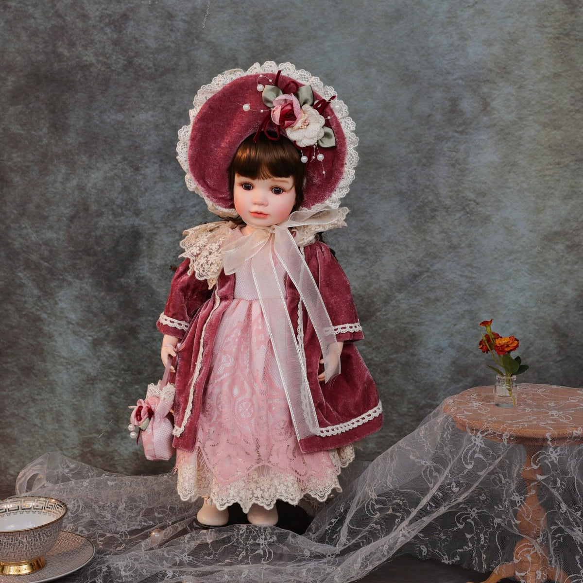 Cloveray 18 Inch Kawaii Porcelain ＆ Fabric Doll Cute European Retro Handmade Ceramic Doll with Showing Stand for Room Decor, Birthday Gifts, Collectible ，Name Olivier (Red)