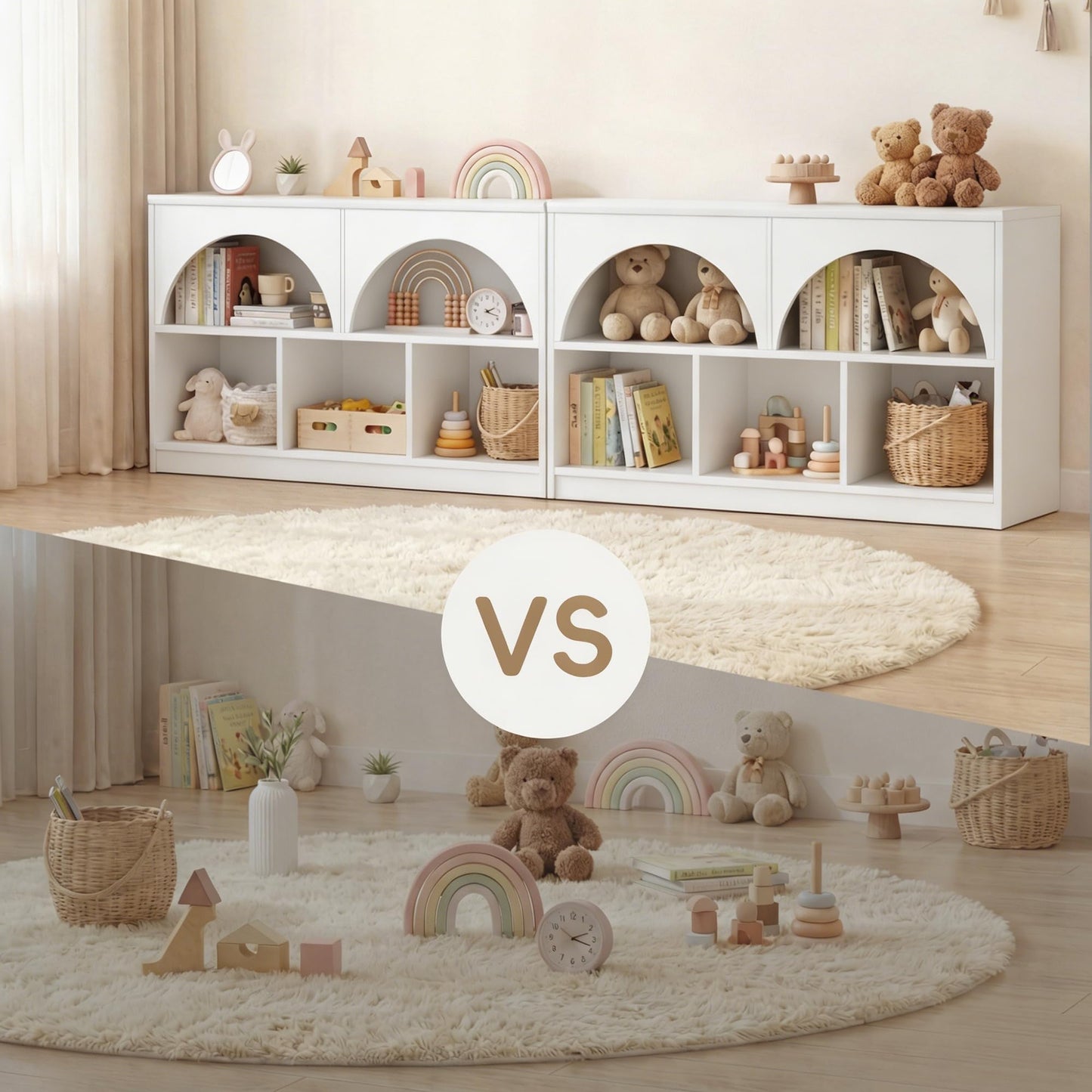 Fatmok 2-Shelf Bookcase Set of 2, Arched Design Wooden Toy Storage Organizer and Storage for Books Toys, 5-Section Montessori Bookshelf for Kids Rooms, Playroom, Nursery, Kindergarten (White)