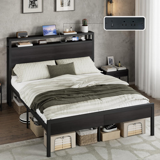 AMERLIFE Queen Size Bed Frame with Storage Headboard & Charging Station, Industrial Metal Platform Bed with Large Under-Bed Storage, Heavy Duty Slats, No Box Spring Needed, Black