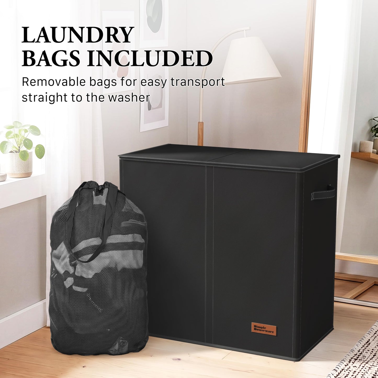 Simple Houseware Double Laundry Hamper with Lid & Removable Bags, Black