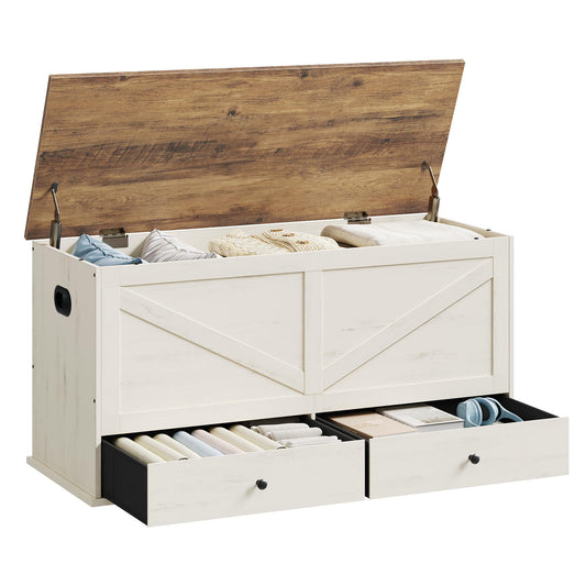VASAGLE Storage Chest, Storage Bench with 2 Fabric Drawers, Farmhouse Style, for Entryway, Bedroom, Living Room, 15.7 x 39.4 x 19.9 Inches, Rustic White and Honey Brown ULSB043W02