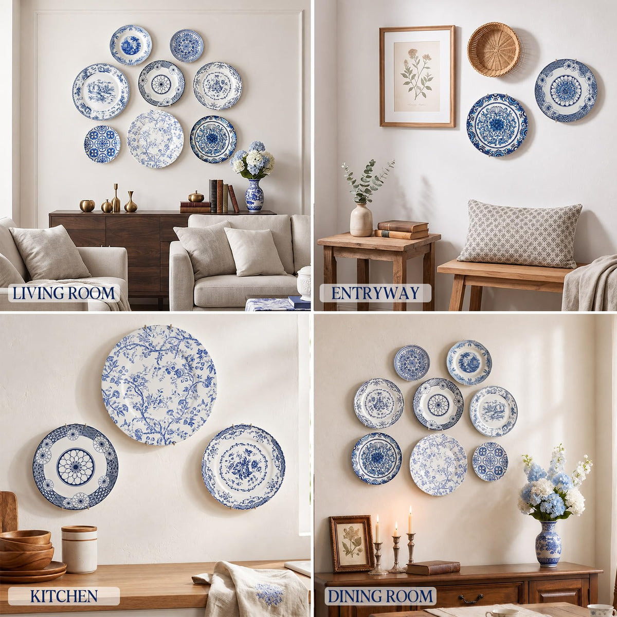 Ferrochef 8 Pcs Blue and White Ceramic Wall Plates with Hangers, Classic