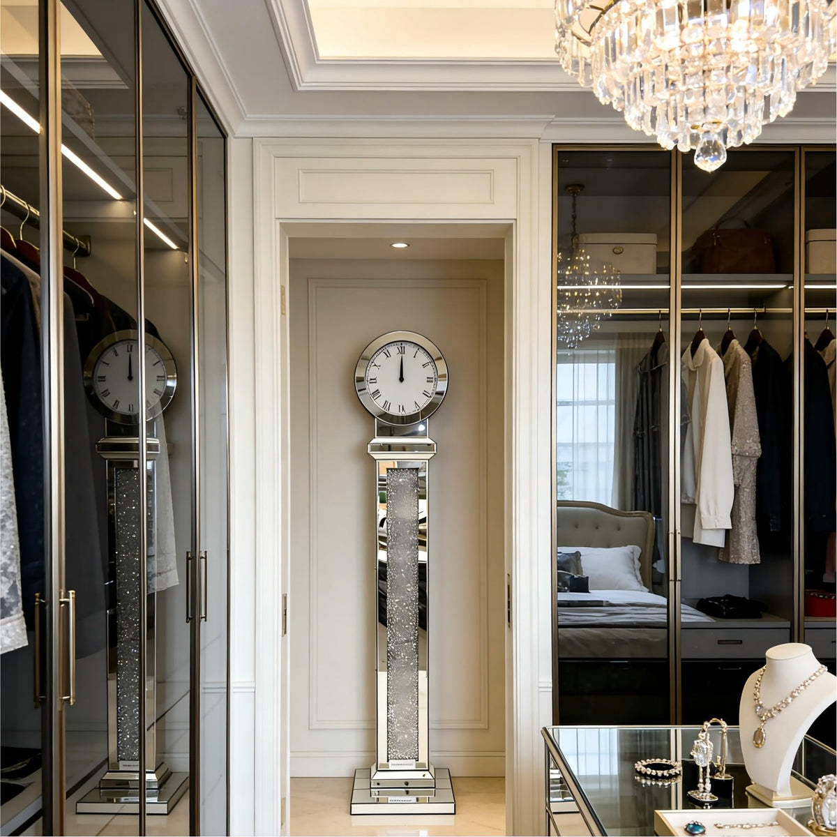 blingworld Mirrored Floor Clock, 59" Tall Standing Clock with Crystal Inlay