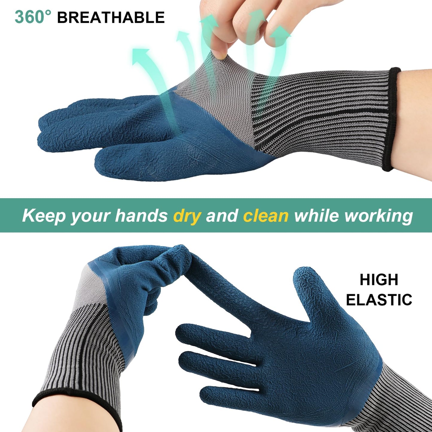 Gardening Gloves for Women Men - 6 Pairs Thorn-Proof Breathable Hard-wearing Latex Coated Garden Gloves for Women , Indoor/Outdoor Activities Protective Working Gloves with Grip, Blue & Grey