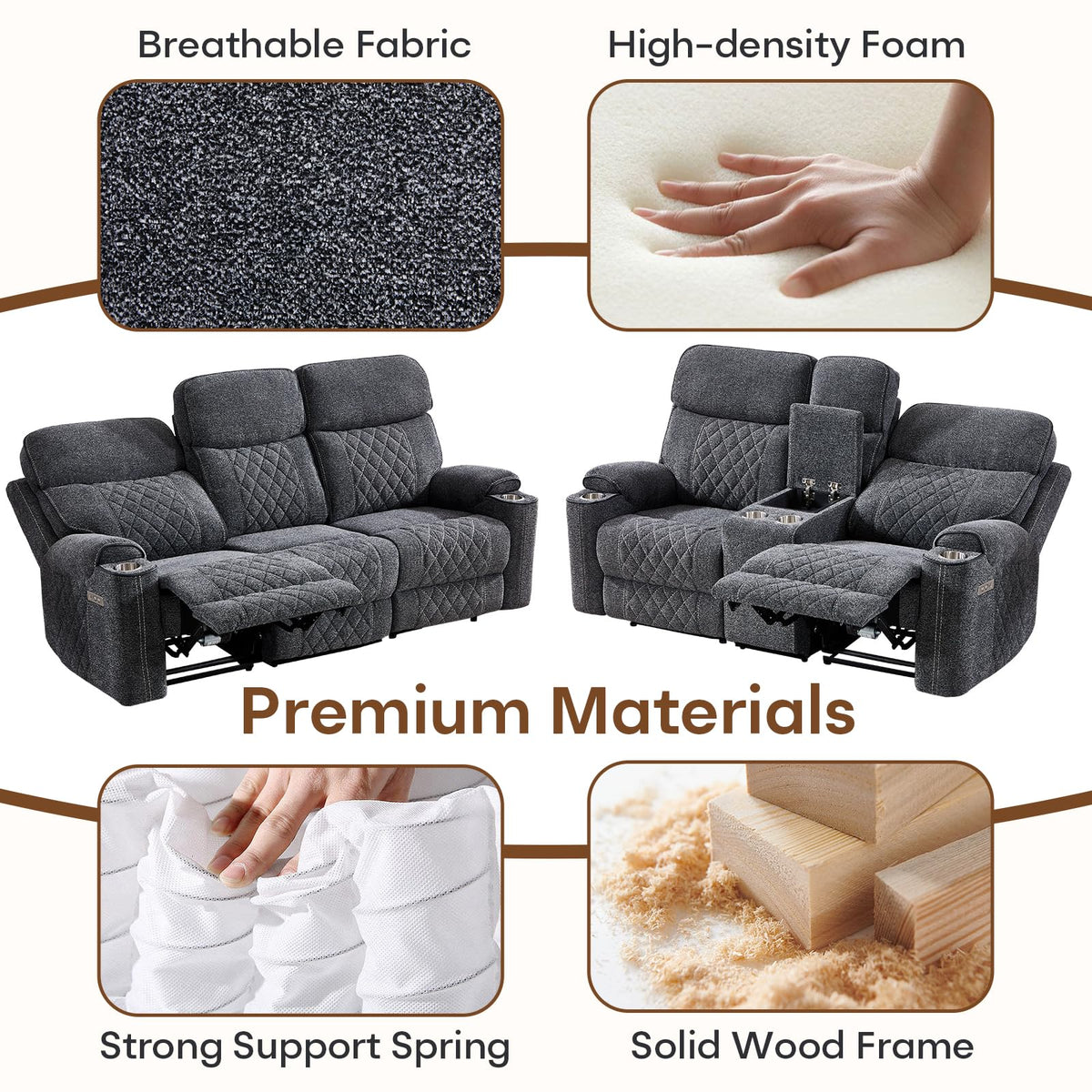 HAOMARKETS 3-Piece Power Recliner Sofa Set with Charging Port, Include Single Recliner Chair, 2-Seater Loveseat Reclining Couch and 3-Seater Reclining Sofa with Cup Holders for Living Room, Dark Grey
