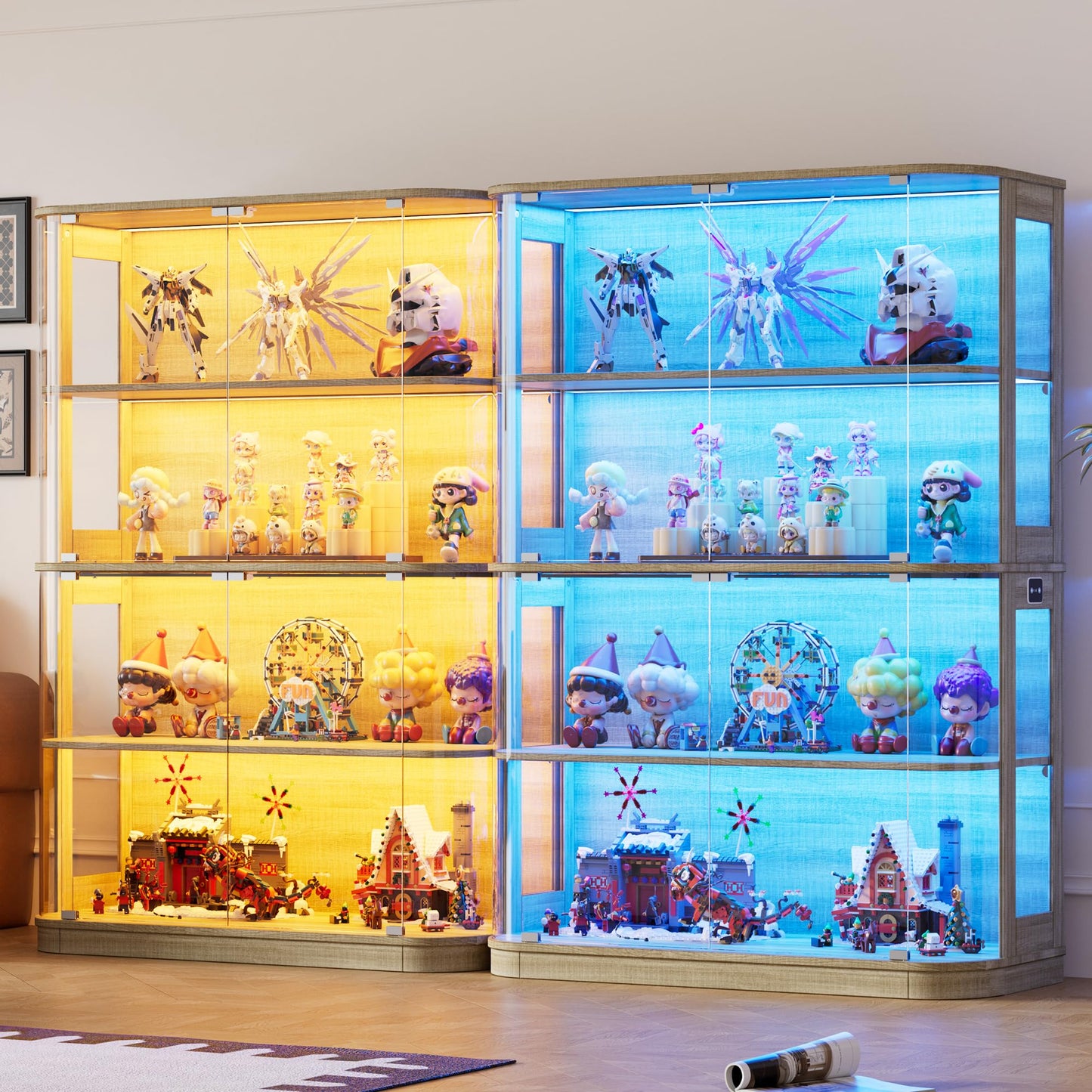PAKASEPT 47.2" Large Rounded Display Cabinet with Glass Doors, 4-Tier Curio Cabinet Storage Case with LED Lights & Press-to-Open Doors, Modern Display Shelf for Collectible,Human Body Sensor (2)