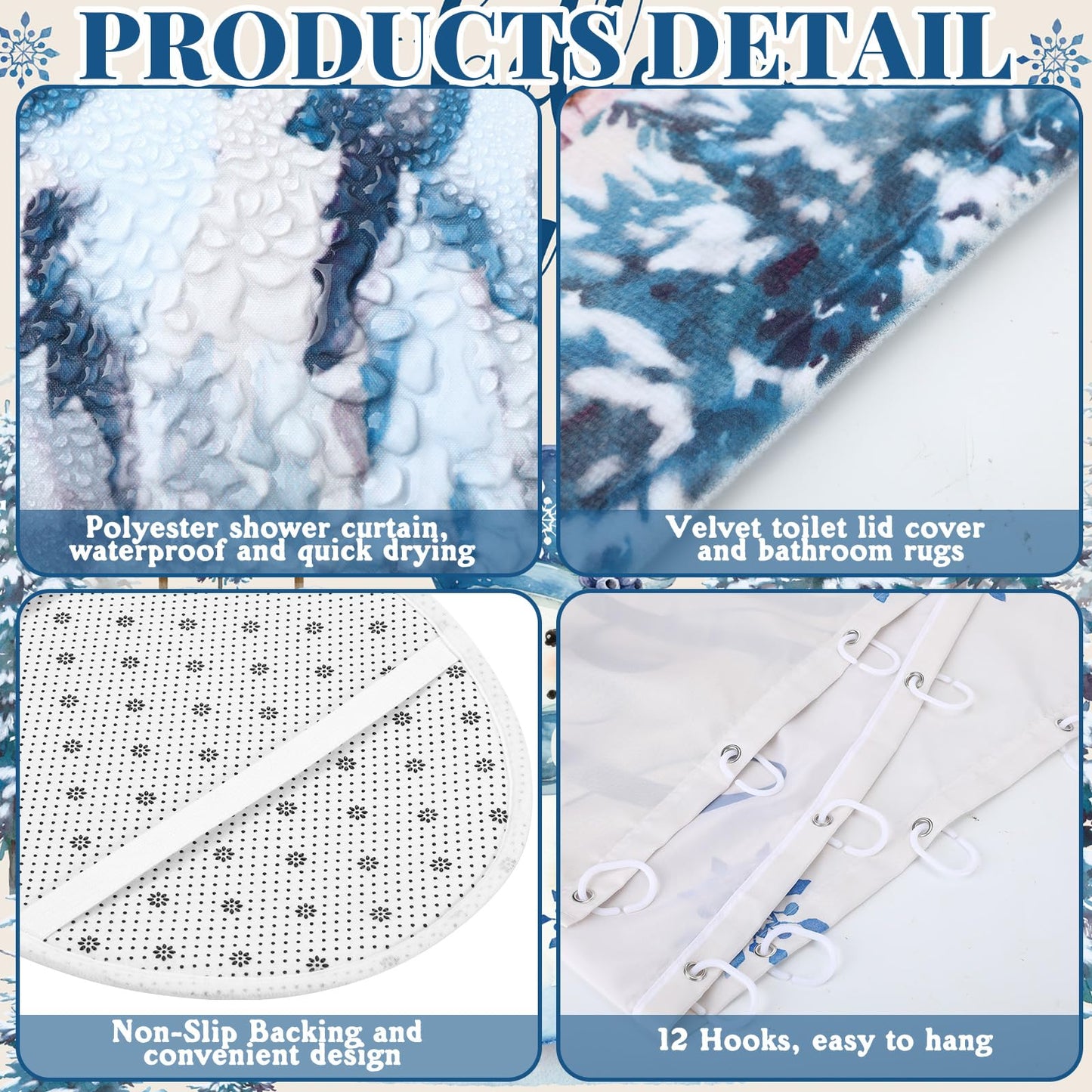 Tranqun 8 Pcs Winter Shower Curtain Set Towels Mat Toilet Lid Cover Hook