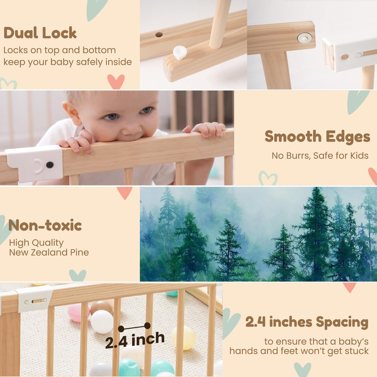 GGF 79×71" Rectangular Wooden Playpen, Dual-Lock Gate Toddler Fence