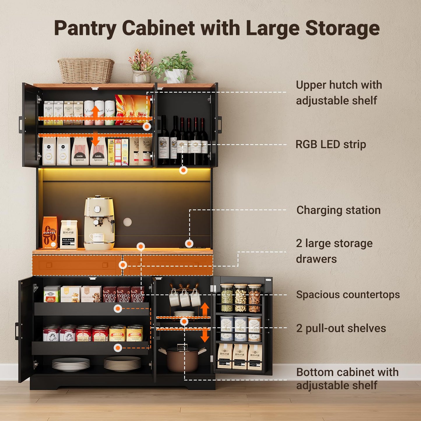 ELYKEN 71" Pantry Cabinet with Charging Station & LED Lights, Tall Kitchen Pantry with Hutch, Microwave Stand, Farmhouse Pantry with Door Shelf & Drawer & Adjustable Shelf for Dining Room, Black