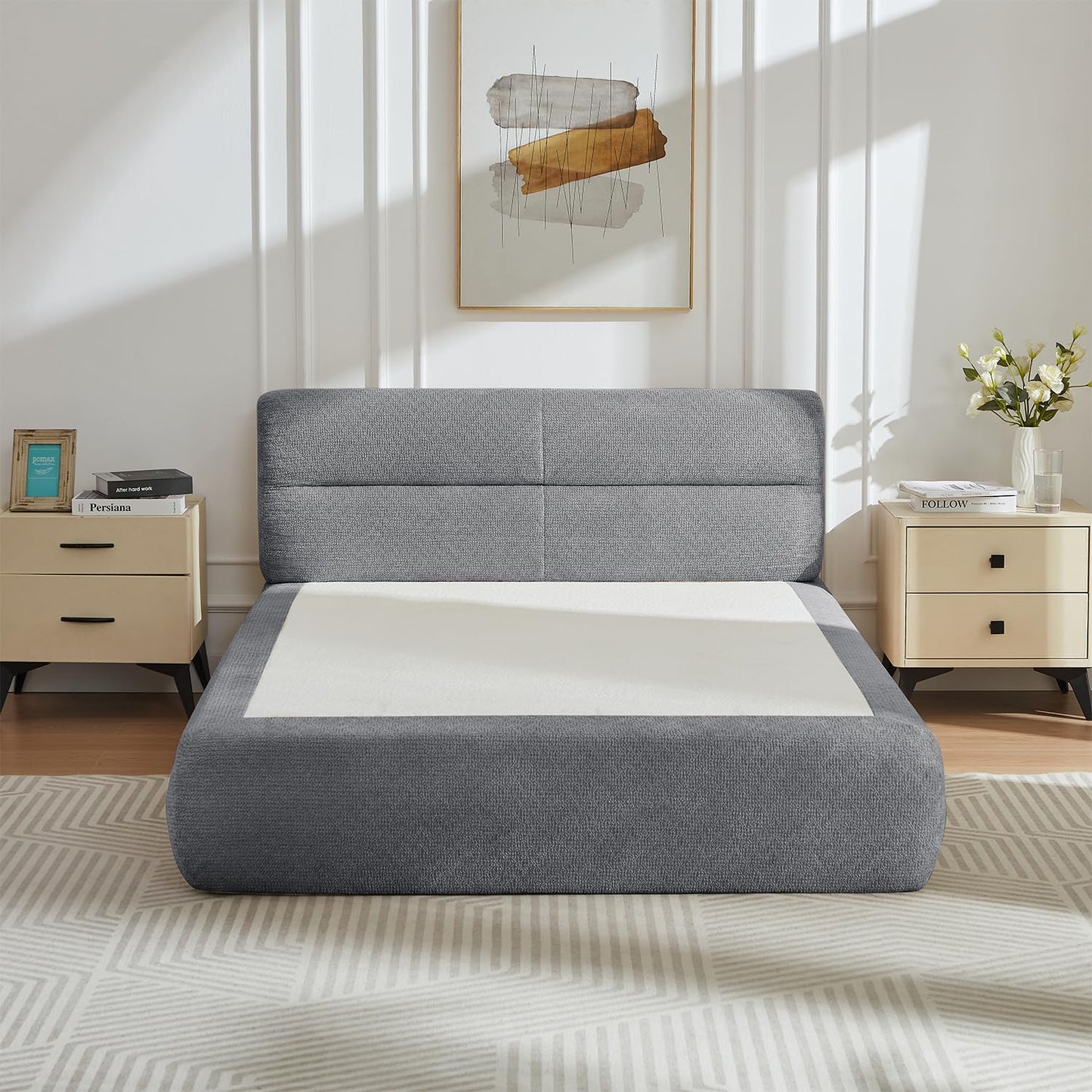 WDYLWFHW Full XL Dark Grey Floor upholstered Platform Bed with Headboard, Chenille Compressible Bed Frame with Sponge Mattress, Bedroom Furniture No Box Spring Needed (Dark Grey)