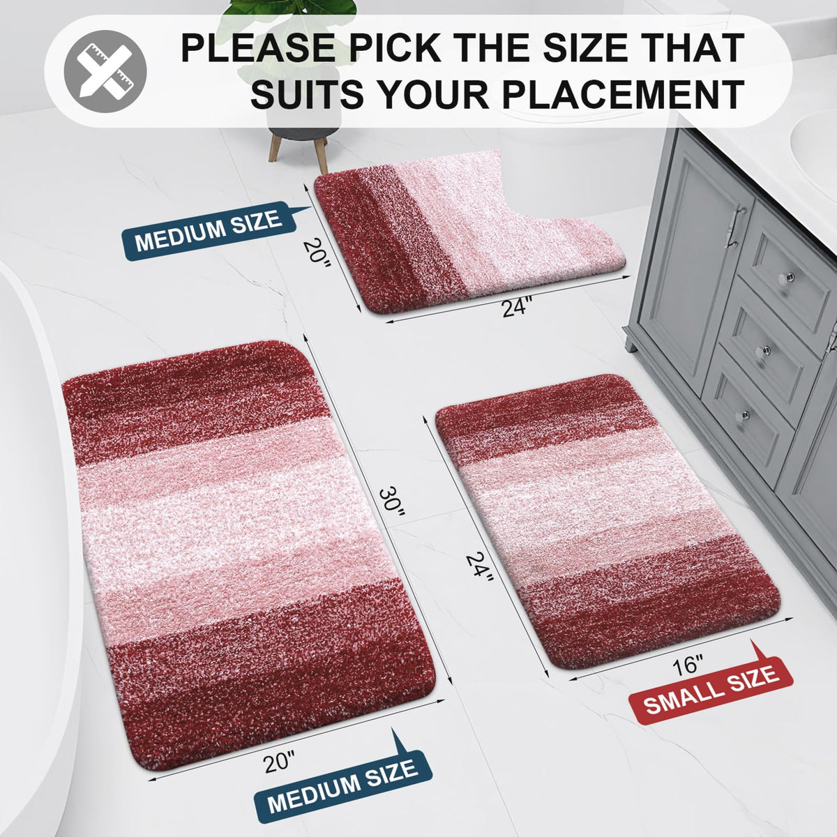 Arotive Microfiber U-Shaped Bathroom Rugs Sets 3 Piece, 24x16+30x20+24x20