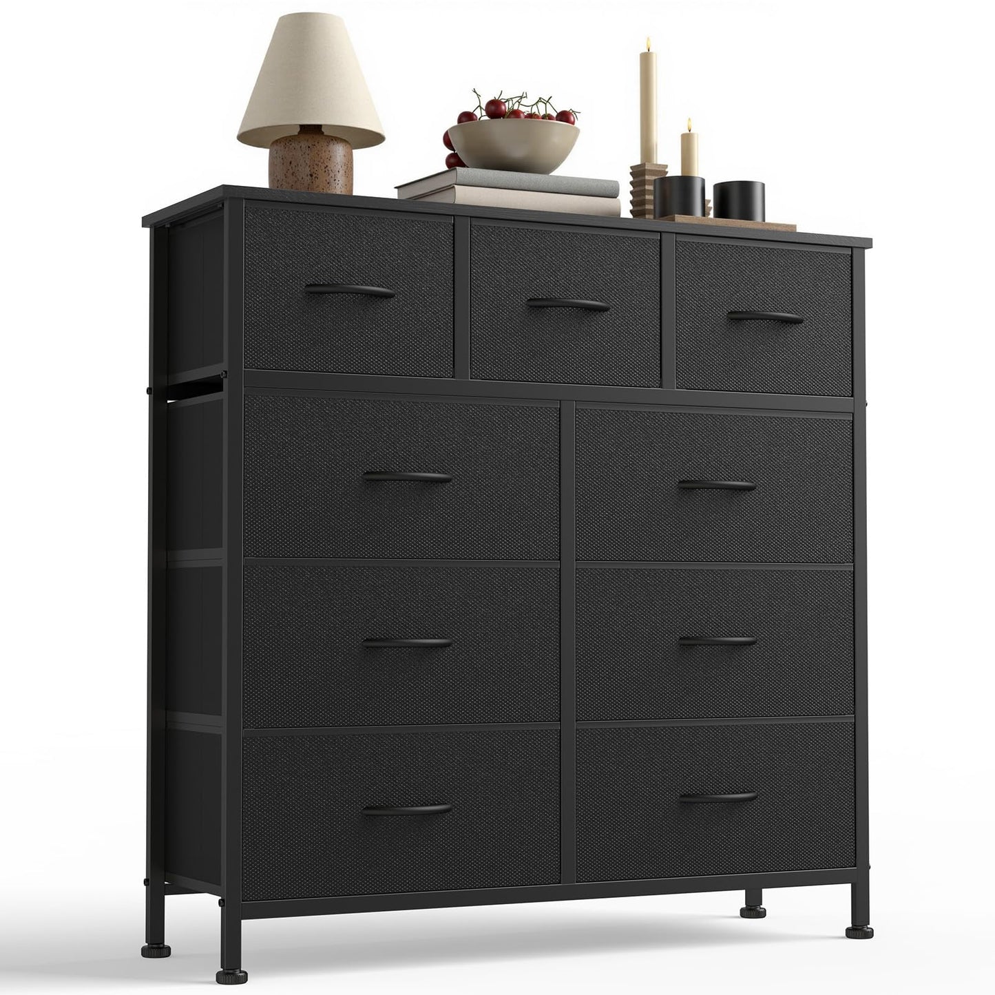 DUMOS 9 Drawer Dresser for Bedroom, Fabric Storage Organizer with Sturdy Metal Frame, Wooden Top Chest of Drawers for Closet Entryway Guest Room,Matte Black