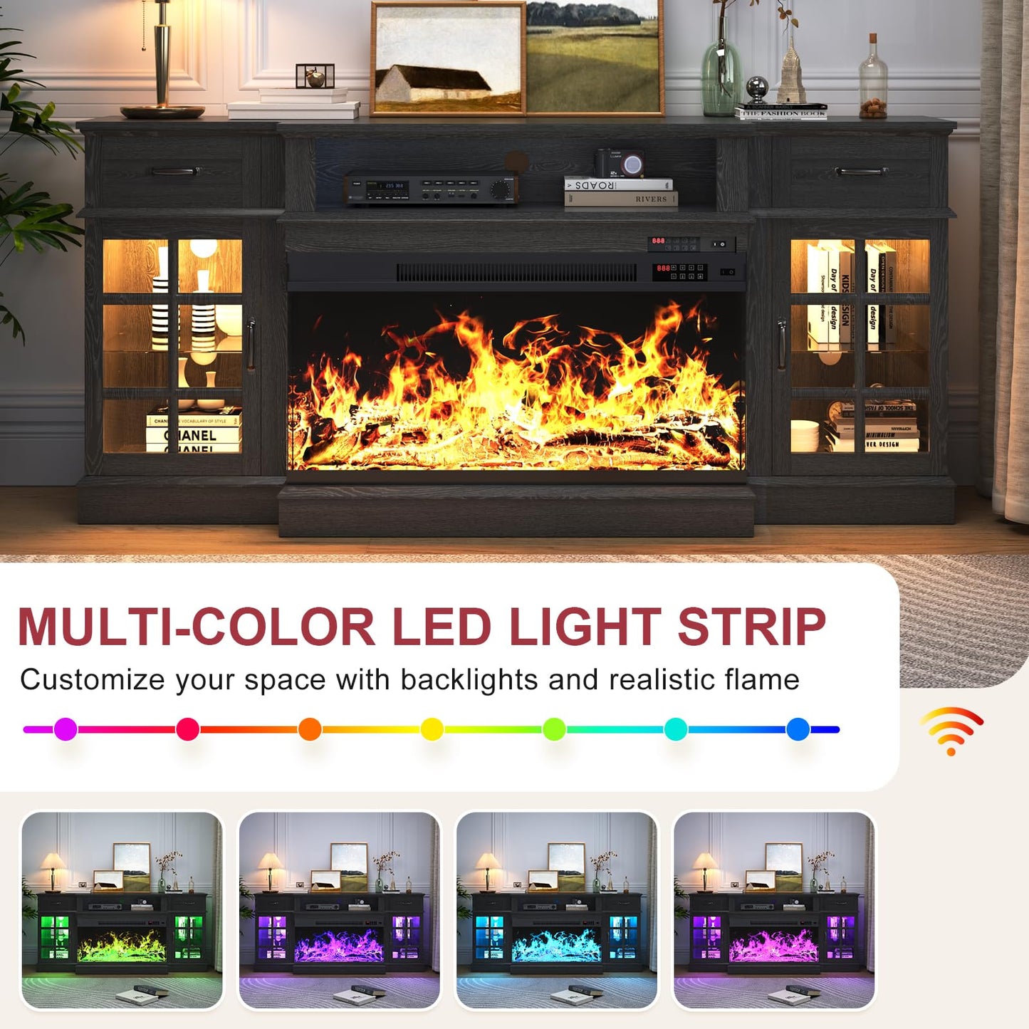 MXV 70" Fireplace TV Stand, 3-Sided Glass Fireplace and Modern Entertainment Center, Wooden Media Console with Glass Doors & Storage Drawers, LED Light, for Living Room, Black