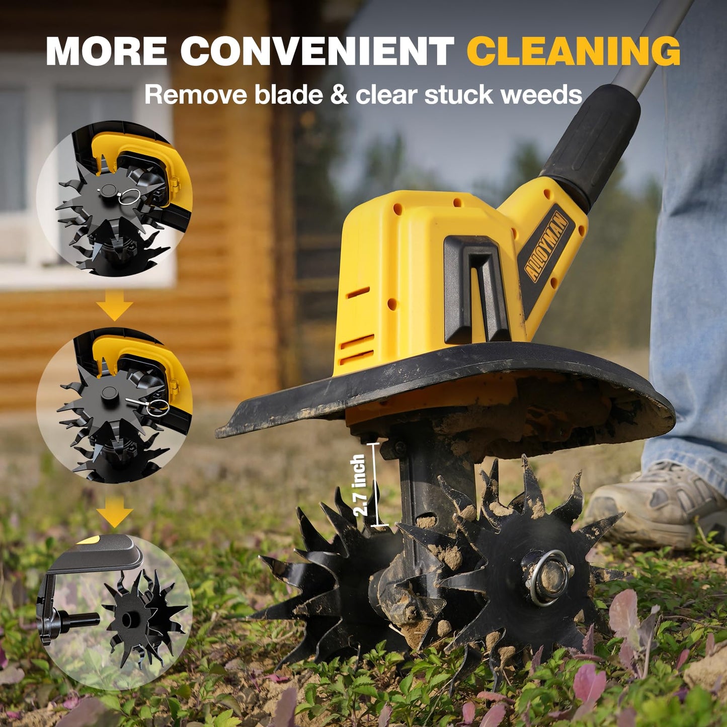 Alloyman 20V Cordless Tiller Cultivator, 360RPM Electric Garden Tiller, with 2 * 4.0Ah Batteries & Charger, 9In Tilling Width and 6.6In Depth Garden Rototiller for Lawn/Gardening/Soil Cultivation