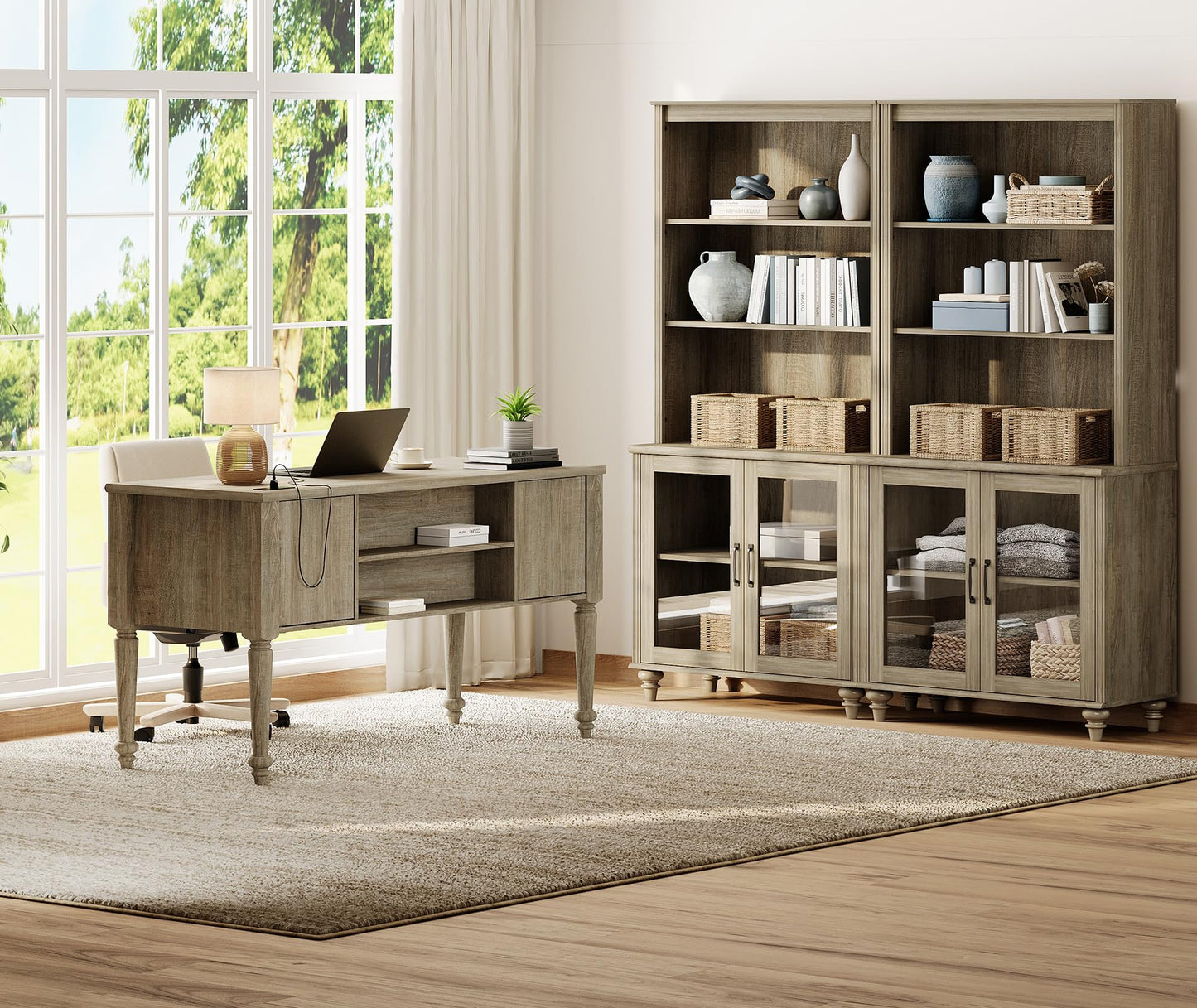 WAMPAT Home Office Furniture Set, 56'' Executive Desk with Charging Station, 72" Tall Bookcase with 4 Glass Doors, Wood Computer Desk with File Cabinet Storage, Open Shelf, Wash Grey