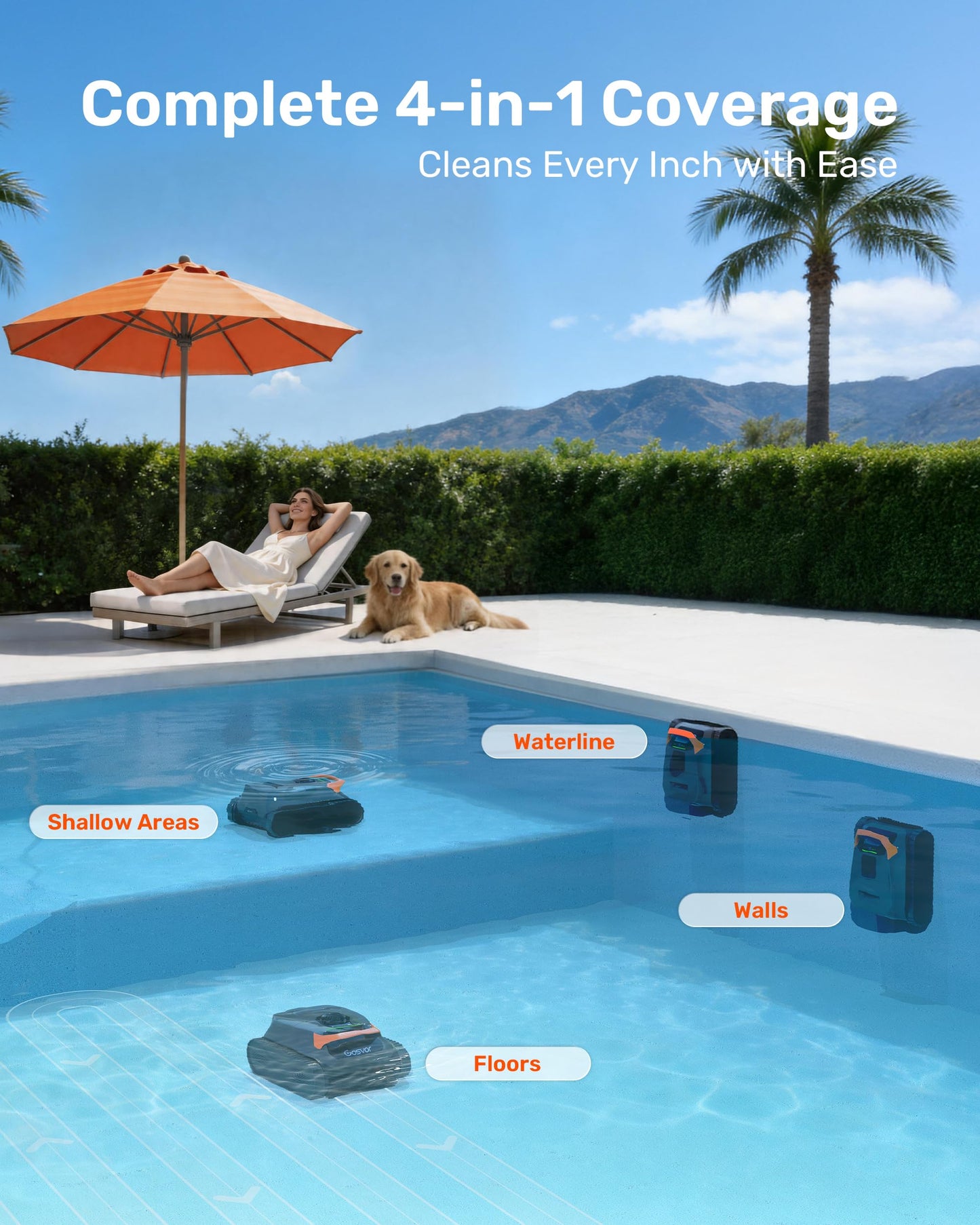 Gosvor LiteVac G1 Cordless Robotic Pool Cleaner for Inground Pools, Above Ground Pool Vacuum with 4-in-1 Wall & Waterline Scrubbing, Easy to Use, Up to 200-Min Runtime, Eco Mode, App Support, Orange