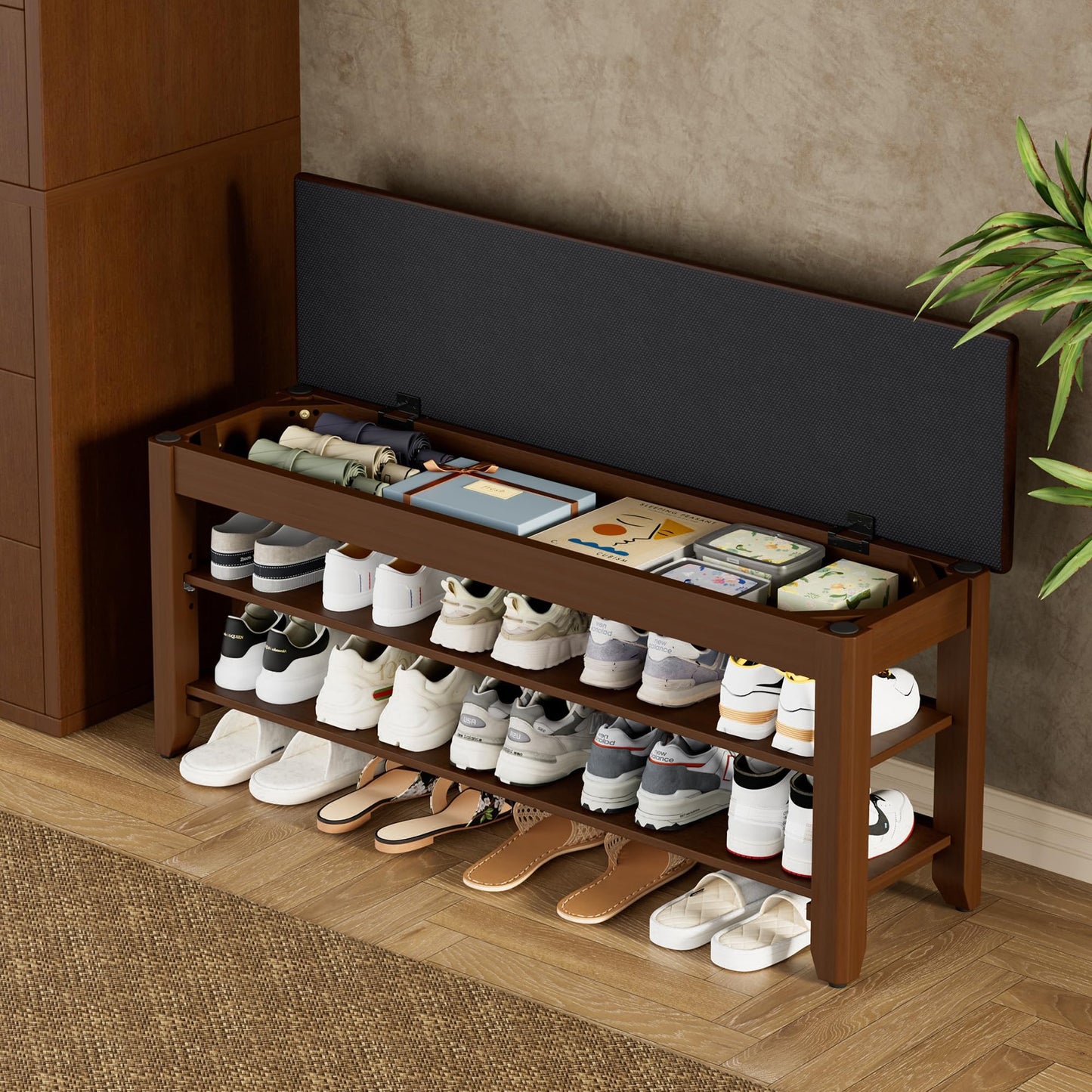 Homleke 39.4" Wide Solid Wood Shoe Rack Bench with Flip-Top Storage