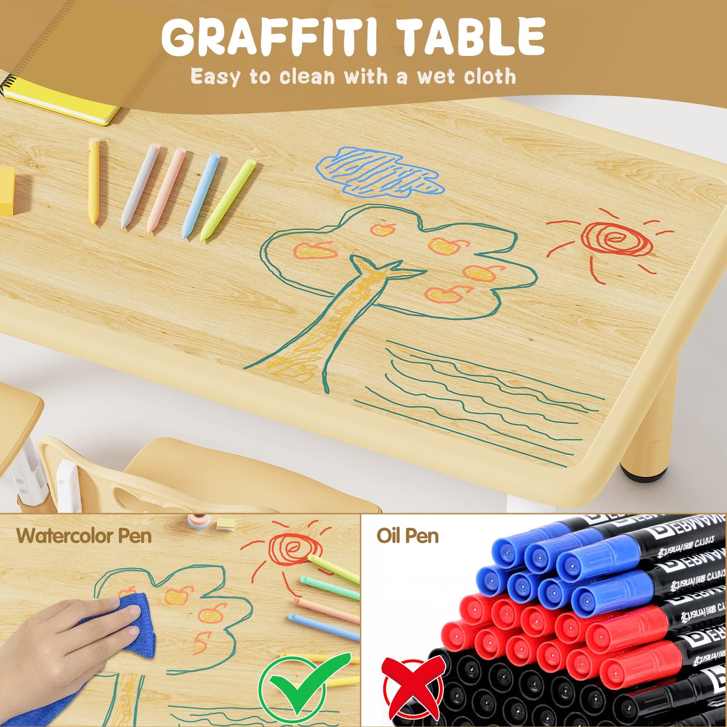 Brelley Kids Table and 4 Chairs Set, Height Adjustable Toddler Table and Chair Set, Graffiti Desktop, Non-Slip Legs, Max 300lbs, Children Multi-Activity Table for Ages 2-8