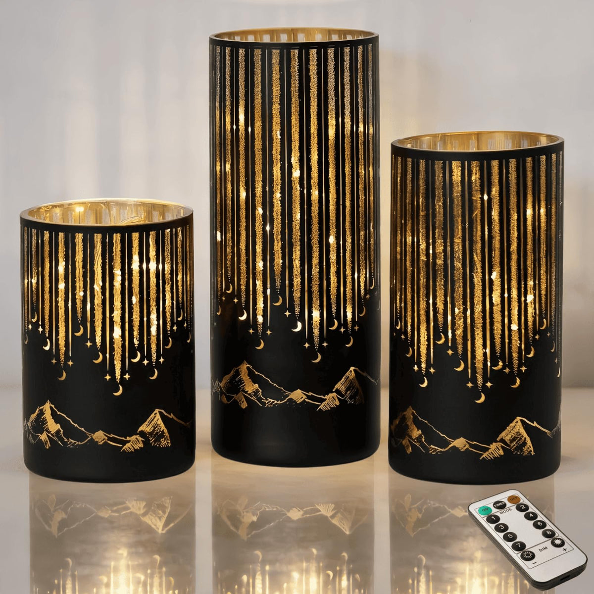 Ashroder Starry Night Elegant Hurricane Candleholders with LED Flickering Lights & Remote Timer, Decorative Glass Hurricanes for Indoor Table Centerpieces & Year-Round Home Decor, Set of 3 (Black)