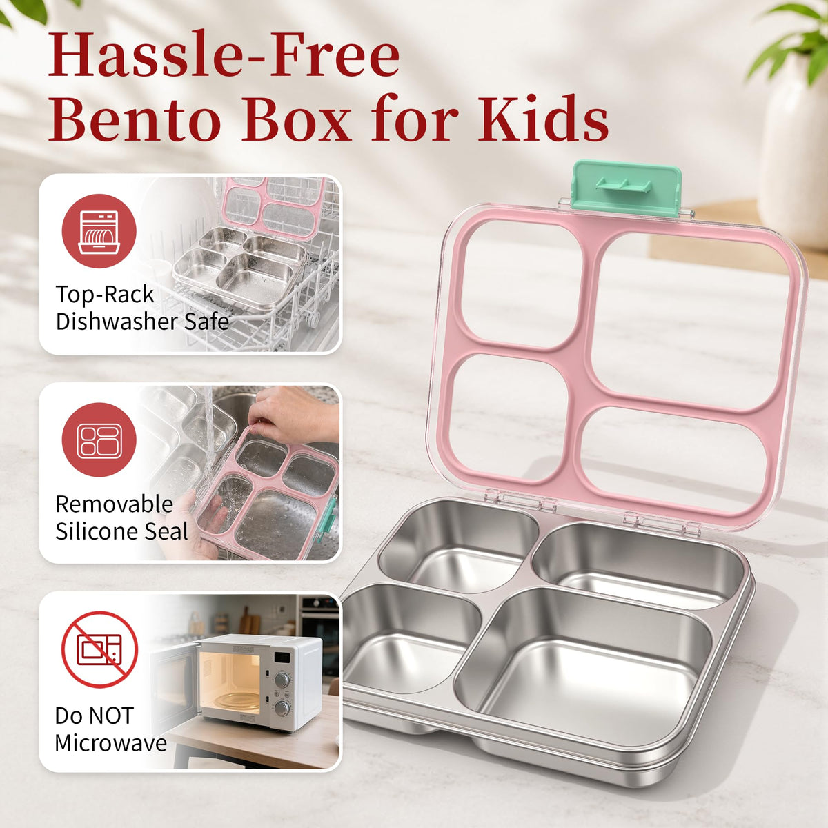 Reeple Stainless Steel Lunch Box for Kids, Leakproof 4 Compartment Kids Bento Lunch Box with Clear Lid, BPA-Free Steel Lunch Box Containers for School Travel (Pink)