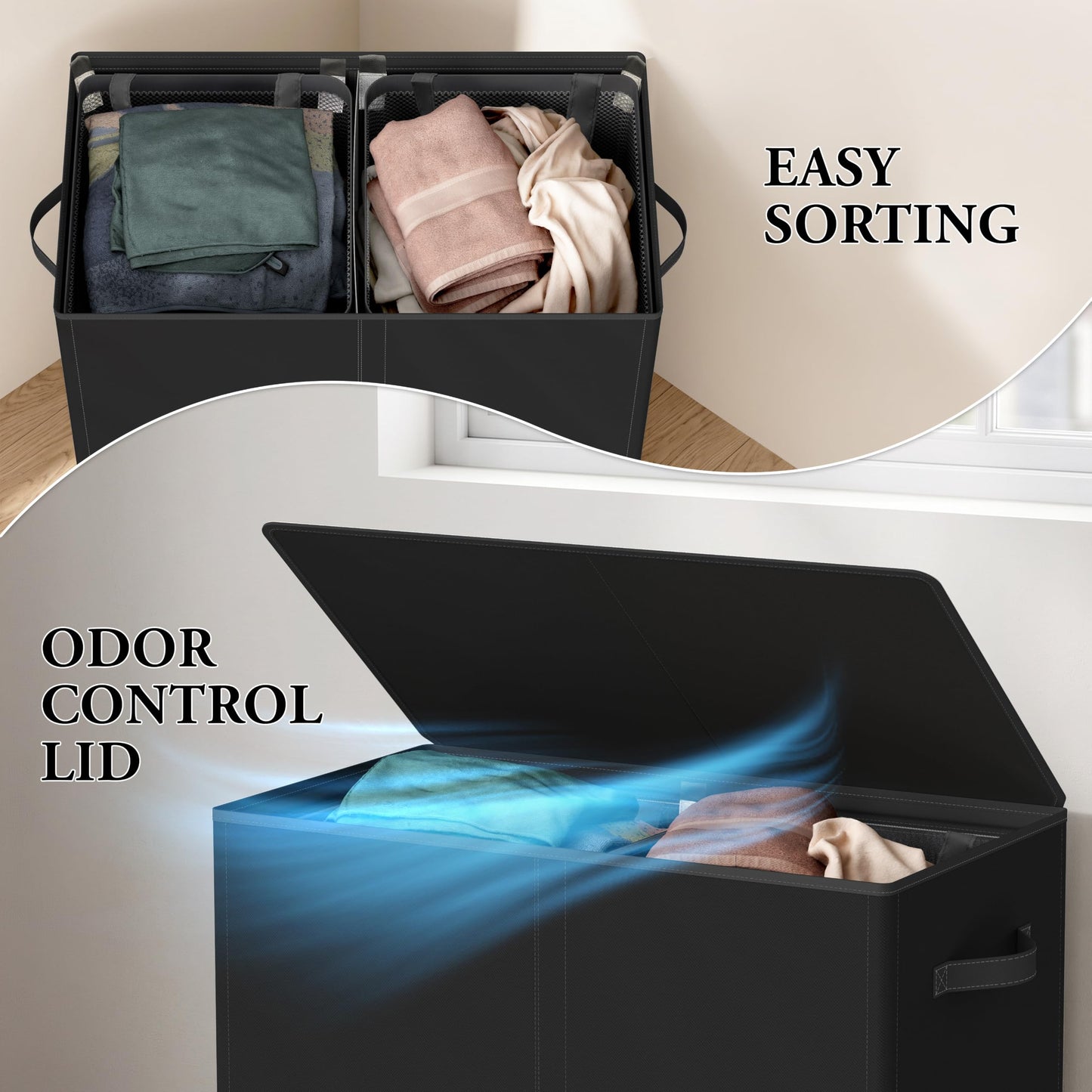 Simple Houseware Double Laundry Hamper with Lid & Removable Bags, Black