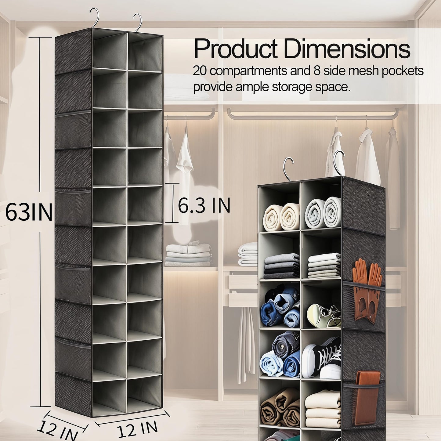 Pcaelin Hanging Shoe Organizer for Closet - 20 Extended Sections Closet Shoe Storage Rack with 8 Side Mesh Pockets, Foldable Shelves Holder for Shoes Clothes Shirts Jeans Hats
