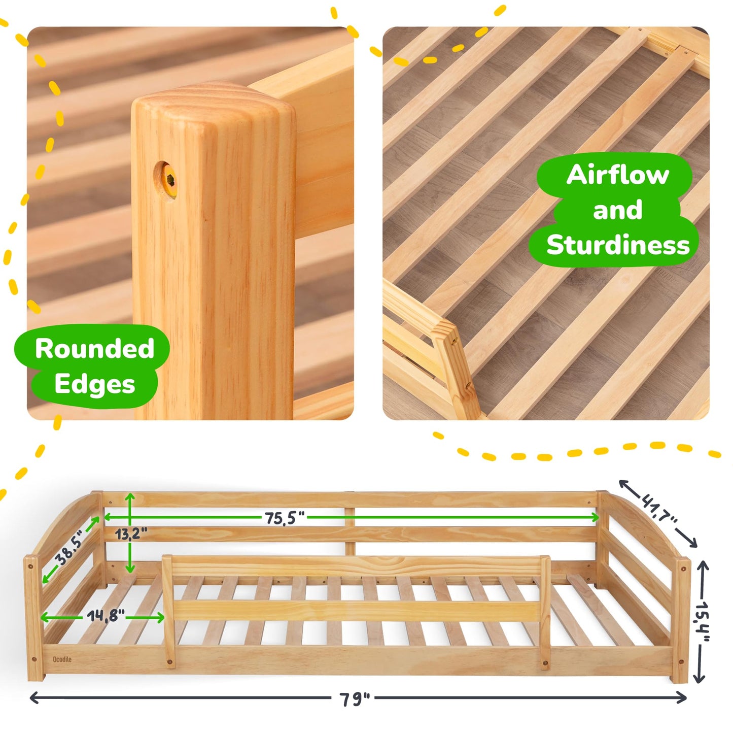 Ocodile Twin Floor Bed with Safety Guardrails for Kids, Montessori Inspired with Rails and 2 Openings, Twin Size Bed Frame for Girls and Boys - Varnished