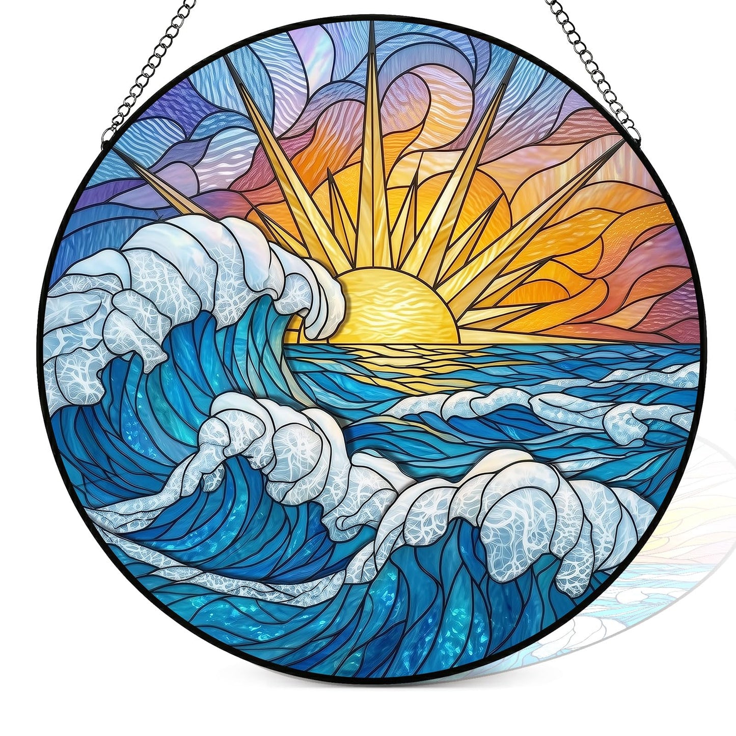 Suncatcher for Window | 3D Embossed Stained Glass Ocean Sunrise Beach Design | Diamond Glass Rainbow Maker with Crystal Chime Gift Box Set | Coastal Decor Gift