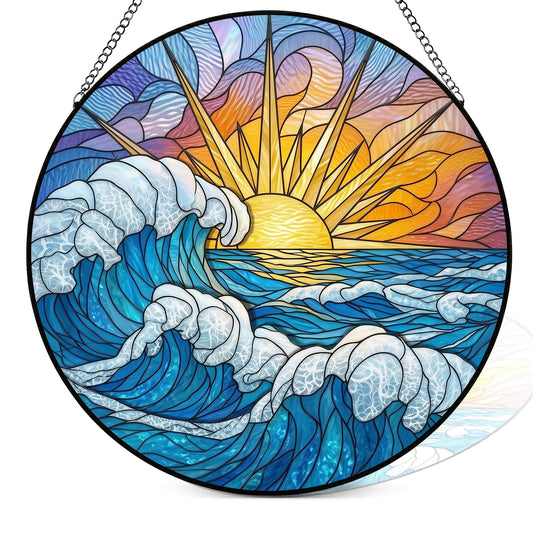 Suncatcher for Window | 3D Embossed Stained Glass Ocean Sunrise Beach Design | Diamond Glass Rainbow Maker with Crystal Chime Gift Box Set | Coastal Decor Gift