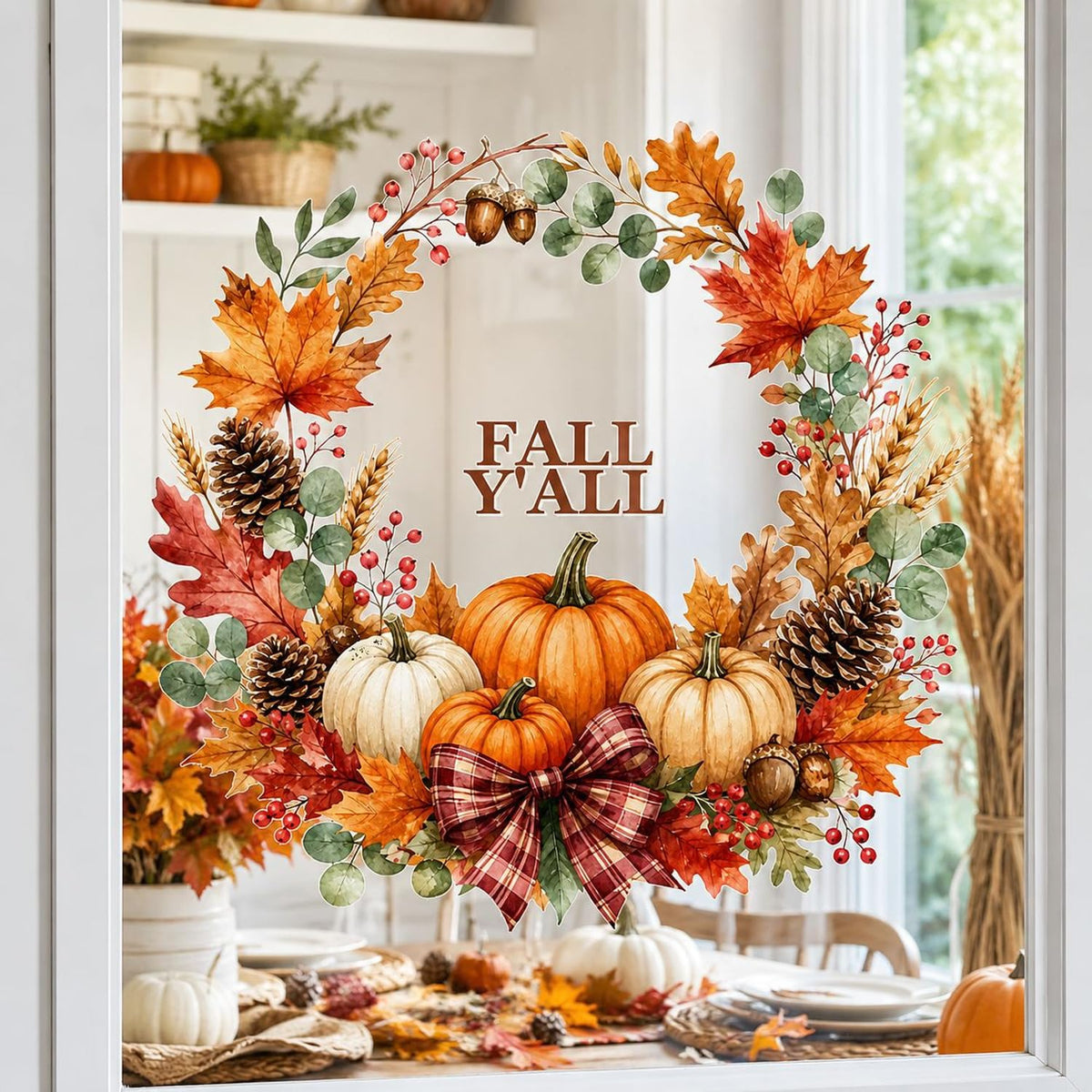 RIICFDD Fall Window Clings Red Plaid Bow Wreath Window Decals 1 Sheet