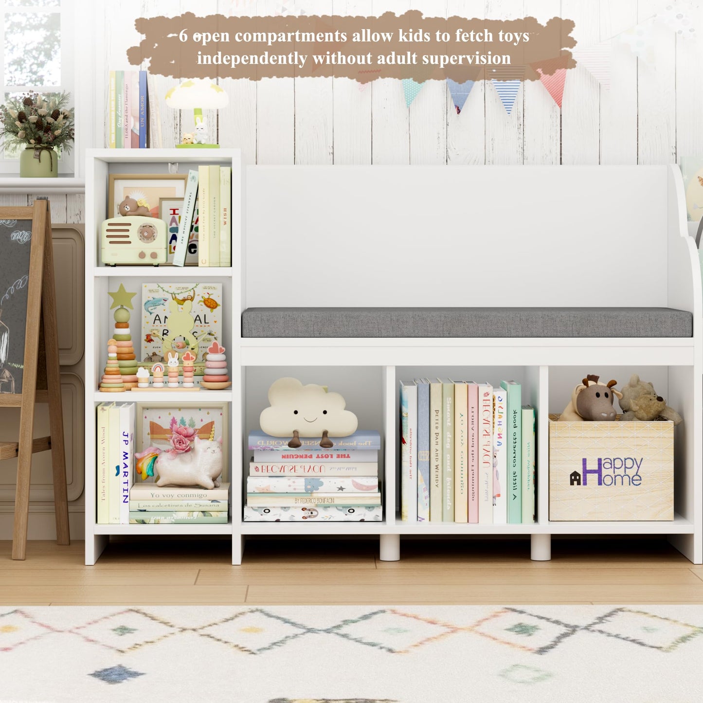 HOSTACK 67" W Kids Reading Nook with Toy Storage Organizer, Large Kids Bookshelf with Toy Storage Box on Wheels, Big Kid Bookcase with Bench and 6 Open Cubbies for Playroom, Kid Room, White