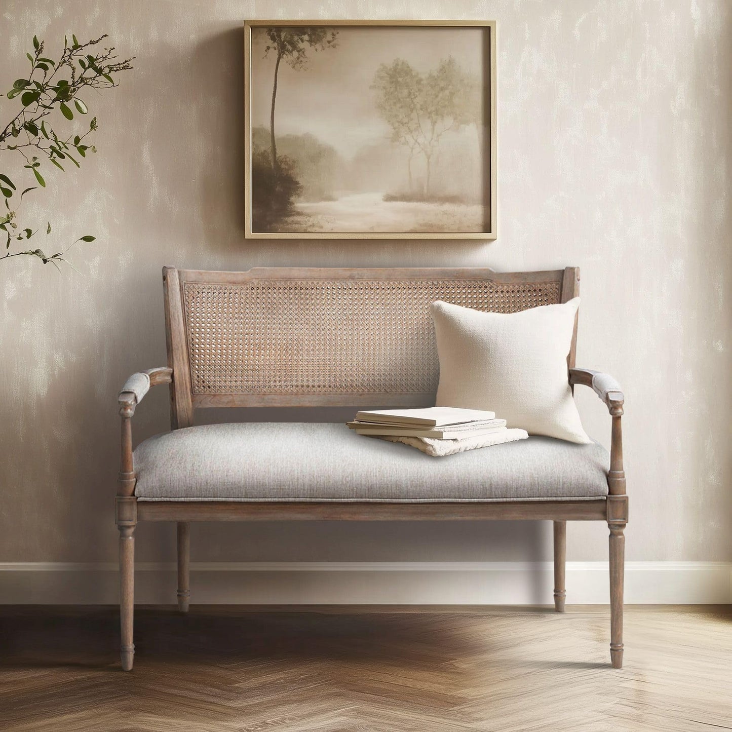 Madison Park Willshire Natural Rattan Settee, Upholstered Seat - Charming Country Design, Rustic Reclaimed Wood Finish, Ratan Insert Backrest & Padded Arm Rest, 47.25" Wide Beige/Reclaimed Natural