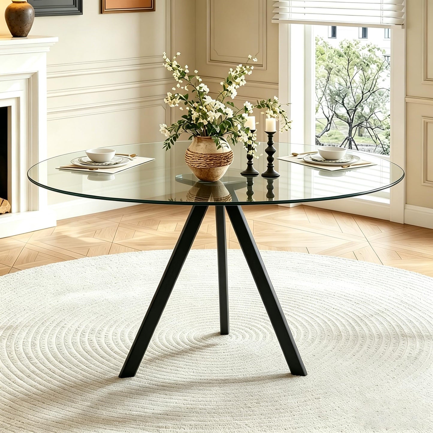 SIZOTA Round Dining Table for 4, 47" Modern Glass Dining Table, Leisure Coffee Table, Kitchen Circle Dinner Table, Saving Space(Black)