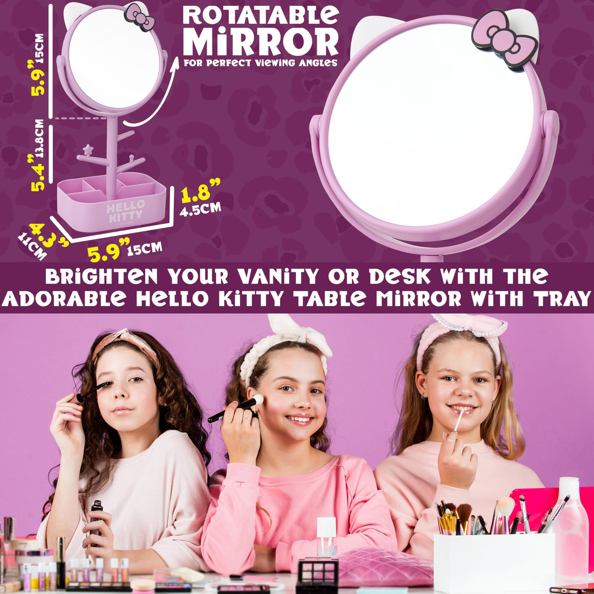 Get Trend Hello Kitty Sanrio Mirror with Jewelry Stand for Girls, Teens, Kawaii Makeup Mirror, Jewelry Holder, Bracelet Holder, Gifts for Girls (Pink Hello Kitty)