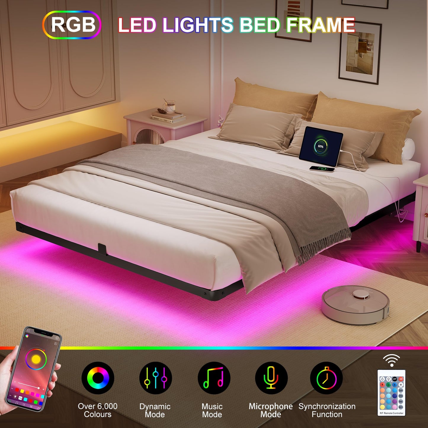 Decofy Queen Size Floating Bed Frame with LED Lights and Charging Station, Modern Minimalist Design, No Spring Mattress Required, Easy to Assemble