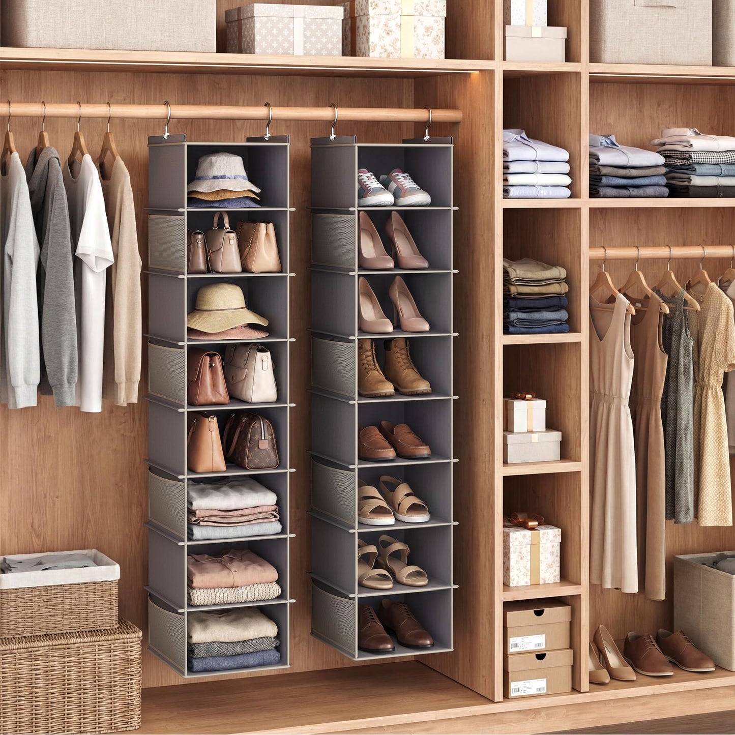 YOUDENOVA Upgraded Extra Wide Hanging Shoe Organizer for Closet, 8-Shelf Storage Organizer with 8 Side Pockets, Hanging Shoe Rack for Hats Clothes Jeans, Grey