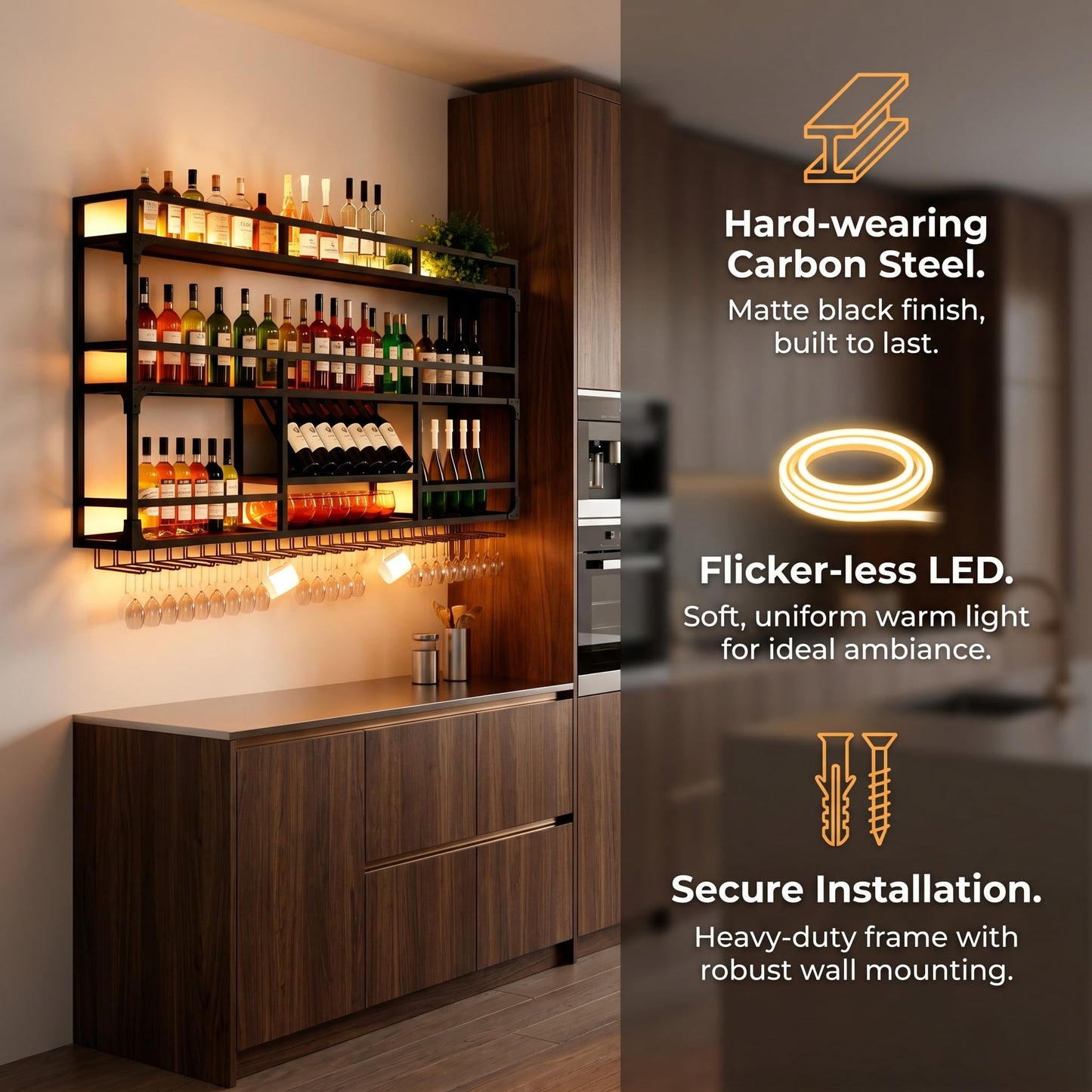 RAJYQODIS 47in Wall Mounted Wine Rack with LED Lights, Floating Industrial Liquor Glass Holder 3 Tiers, Large Metal Wine Bottle Display Rack Hanging Shelf, for Home Bar Dining Room Decorative