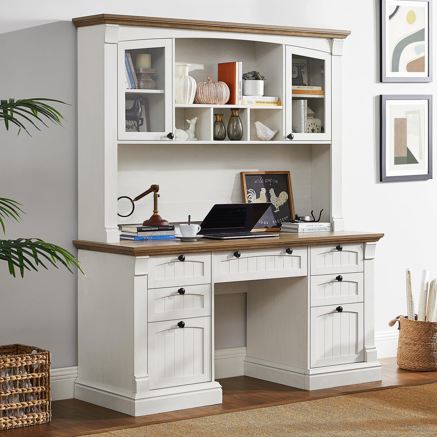 OKD 60" Farmhouse Desk Hutch, Glass Door Storage Cabinet, Antique White