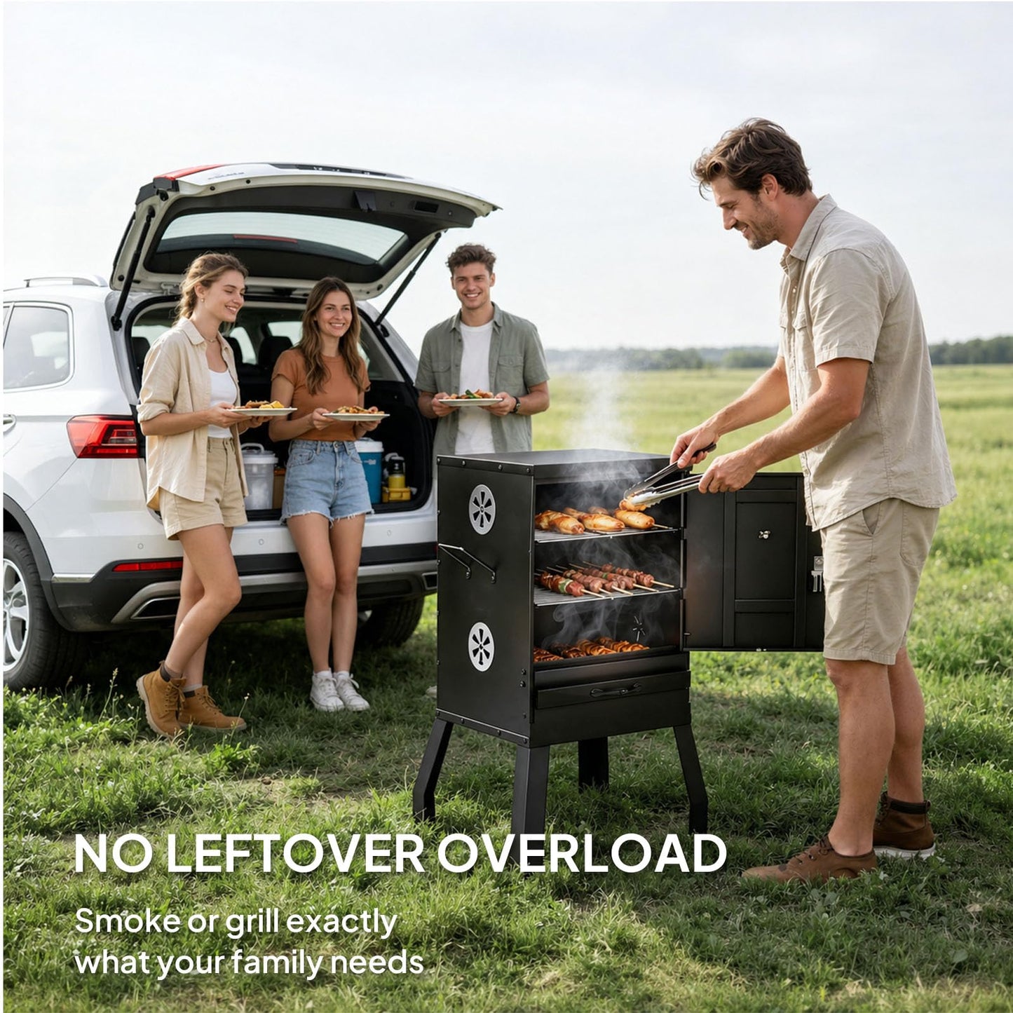 ROVSUN 2-in-1 Outdoor Smoker, Vertical Portable Charcoal Grill Smoker with Two Detachable Grill Smoking Racks and Charcoal Pan, Perfect for Camping Barbecue, Small Families, Black