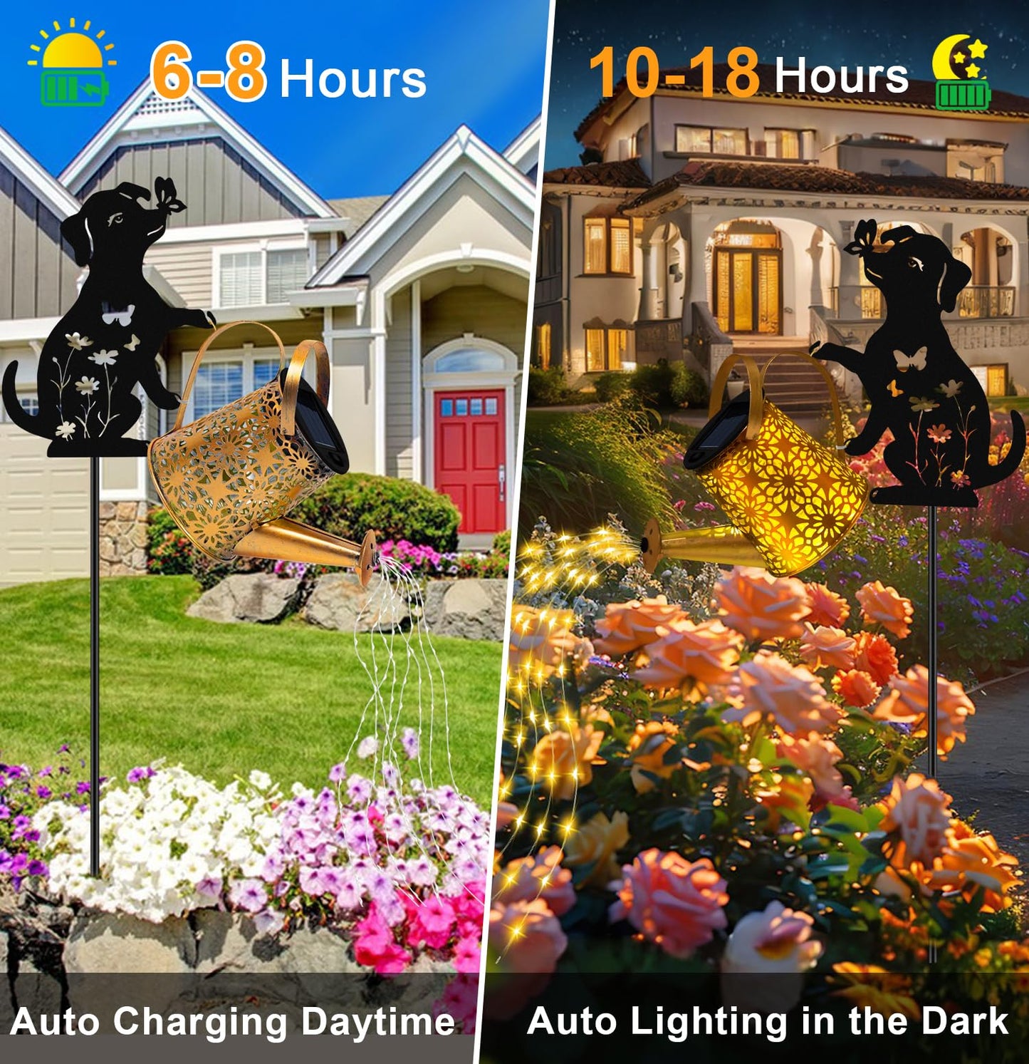 Solar Lights Outdoor Decorative, Watering Can with Cascading Lights, with Dog Silhouette Garden Stakes, Gifts for Mom Women, Waterproof Metal Garden Decor for Yard Art, Outside(1 Pack)