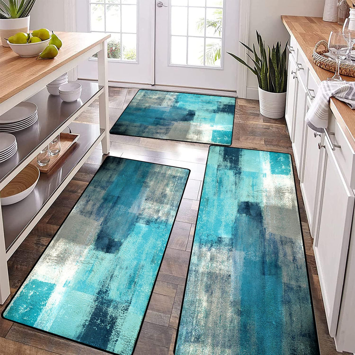 TOMWISH Teal Grey Abstract Art Kitchen Mat Turquoise Kitchen Rugs Sets 3PCS