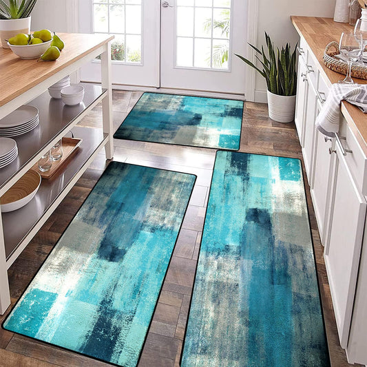 TOMWISH Teal Grey Abstract Art Kitchen Mat Turquoise Kitchen Rugs Sets 3PCS