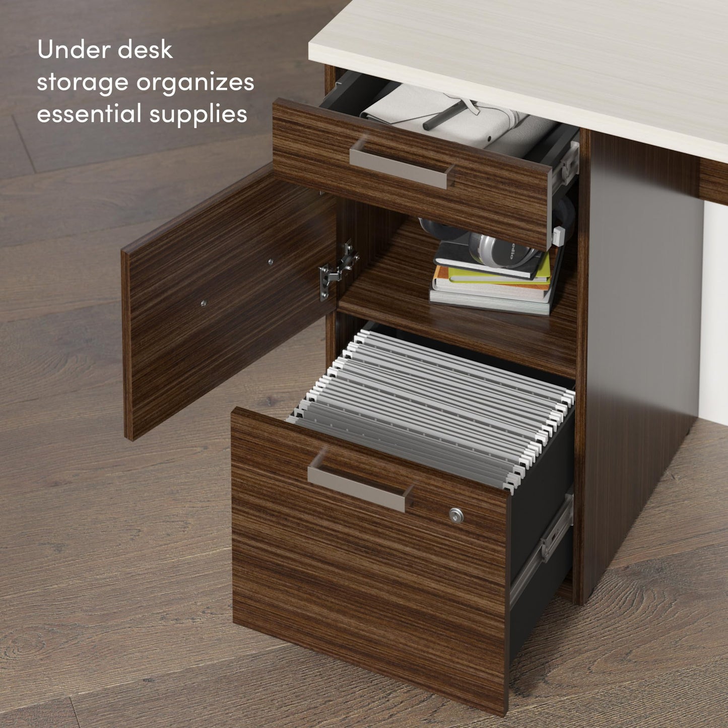 Bestar, Ridgeley Collection, 3-Piece Set Including a U-Shaped Desk with Hutch, a Lateral File Cabinet, and a Bookcase