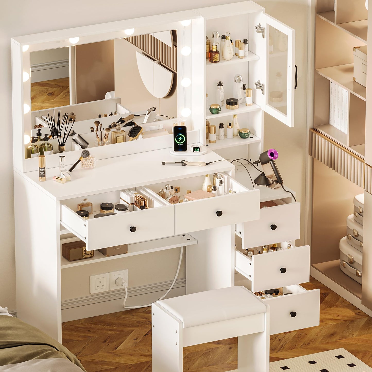 UGTOO White Vanity Table with Drawer Dresser, Farmhouse Vanity Makeup Desk with Charging Station, Vanity Desk with Lights Mirror & Drawers for Makeup, Vanity Desk with Storage Shelf & 5 Drawers