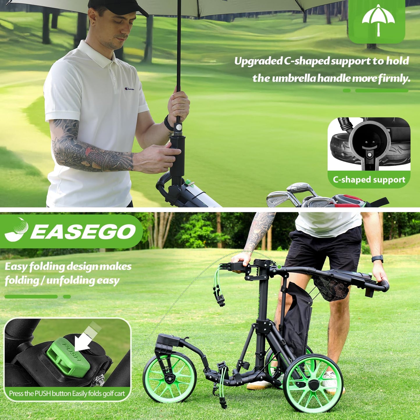 EASEGO Golf Push Cart 3 Wheel : 360° Swivel Front Wheels Golf Walking Carts