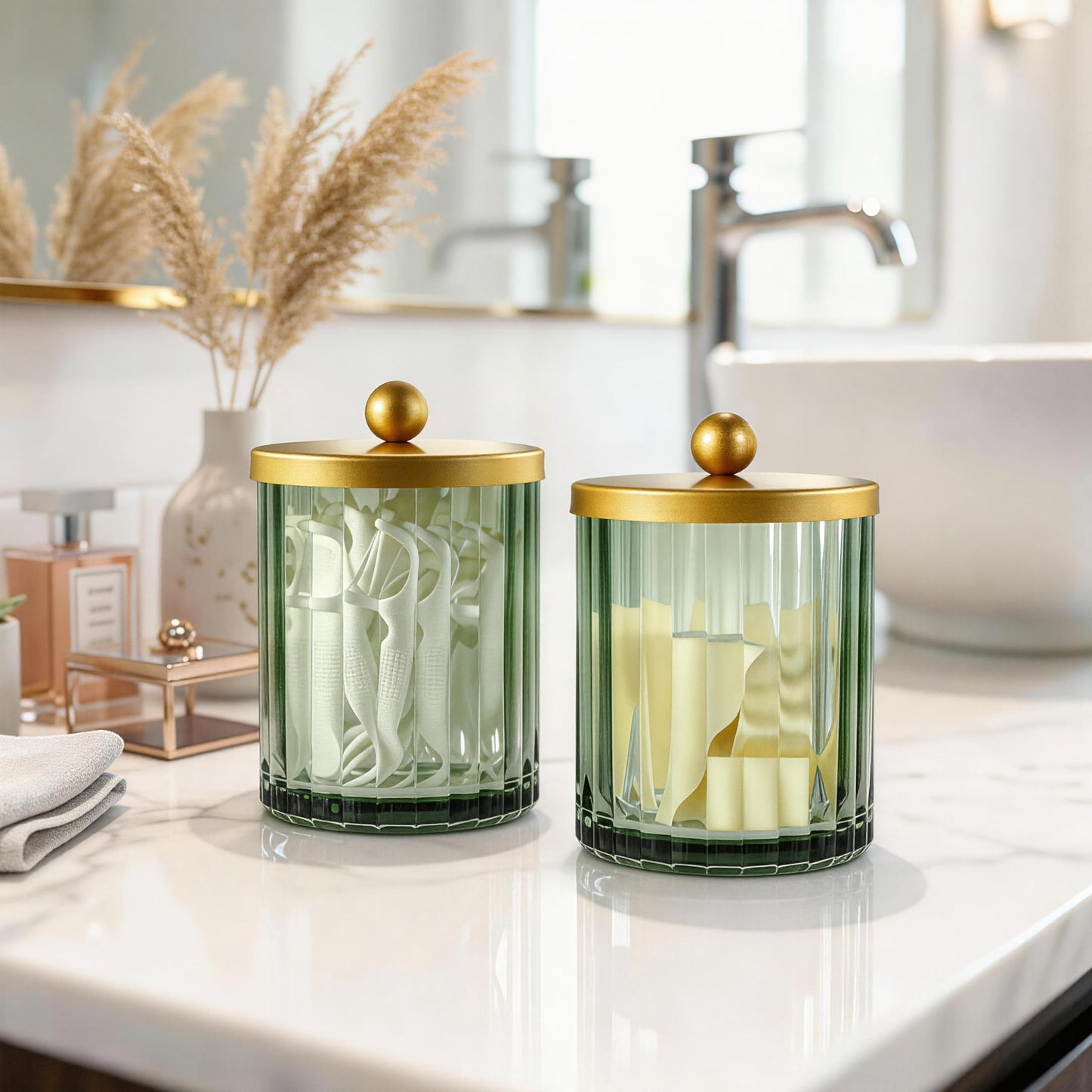 Amolliar Sage Green Glass Qtip Holder Dispenser, Bathroom Canister Apothecary Jar for Cotton Swabs, Cotton Balls, Round Pads, Floss Picks, Countertop Storage Organizer Container for Vanity,Gold 4 Pack