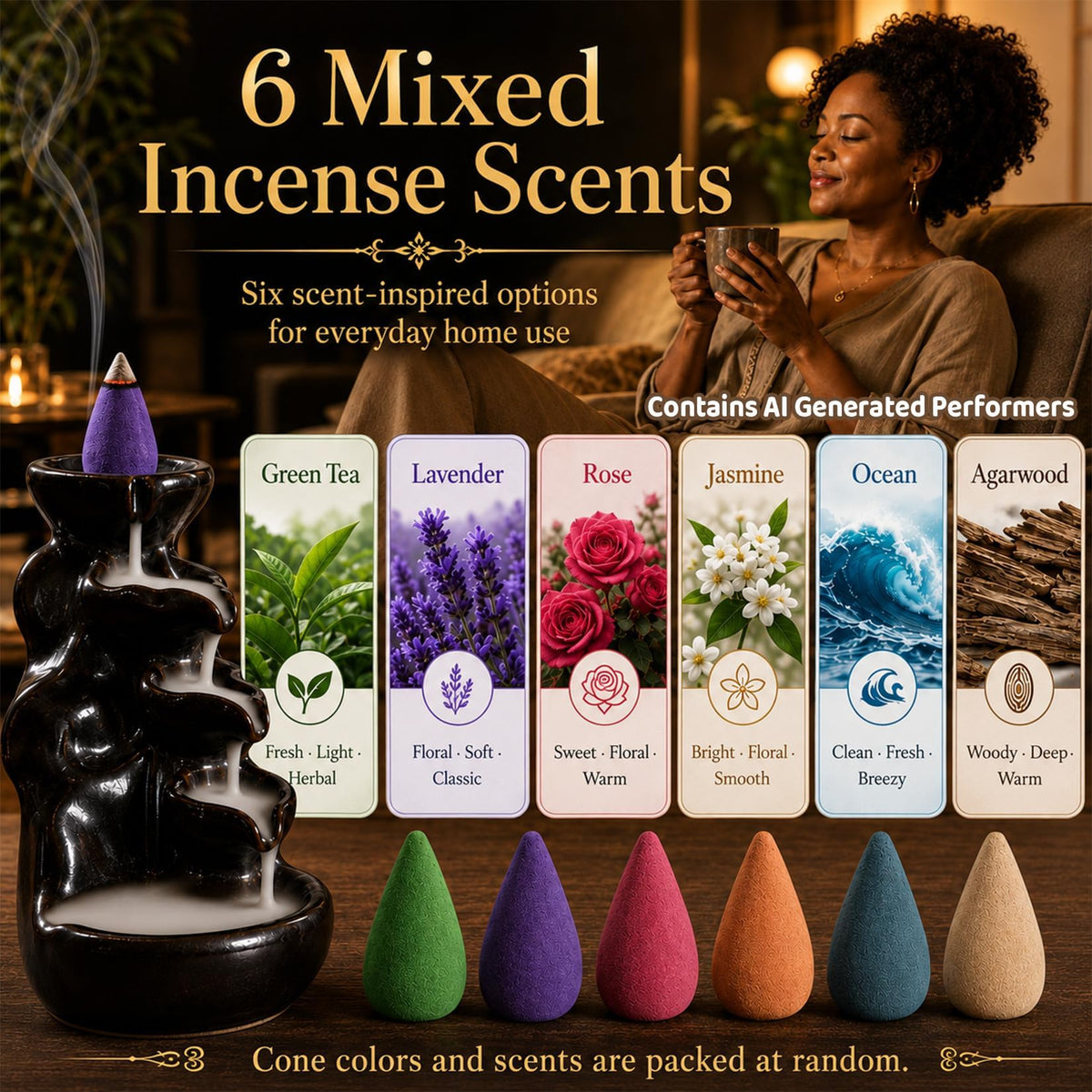 Sukh Backflow Incense Cones - 108 PCS Waterfall Incense Cones